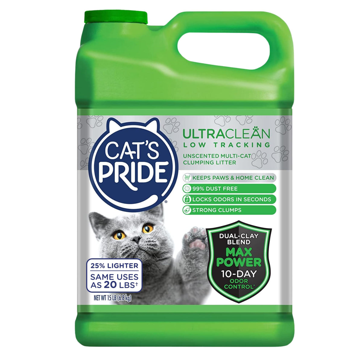 Cat's Pride Max Power UltraClean, bolsa de 15 libras, control de olores y rastreo reducido para varios gatos.
