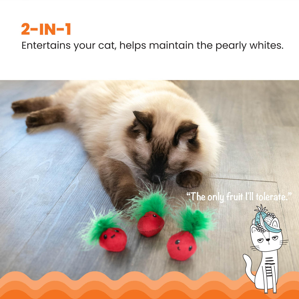 Catstages Strawbabies detalle malla dental ayuda a limpieza durante mordisqueo.