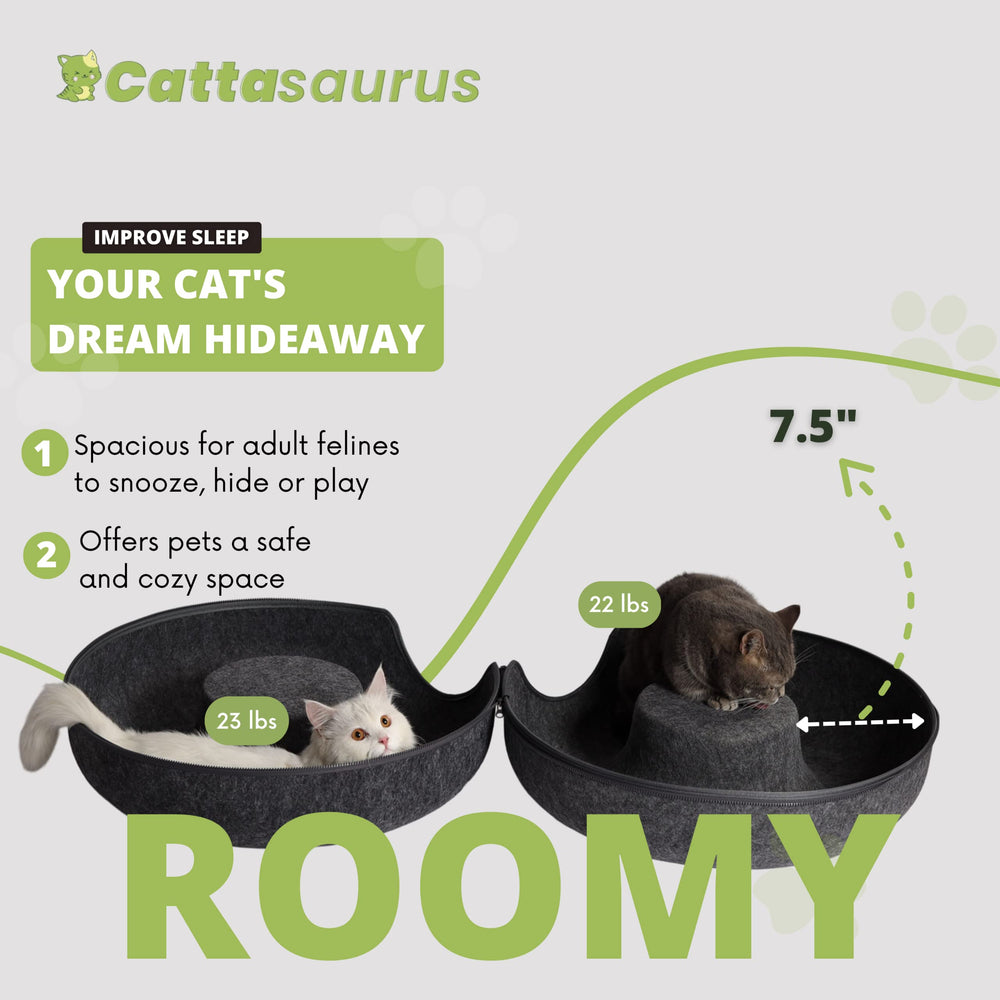 Cattasaurus Peekaboo cama-túnel lavable, limpieza rápida para espacios limpios.