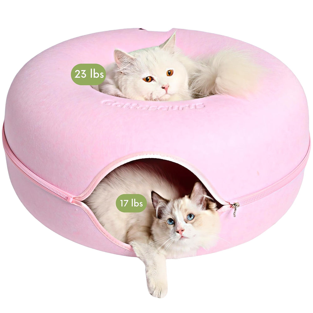 Cattasaurus Peekaboo cueva-gato-donut rosa, refugio cómodo para felinos grandes.