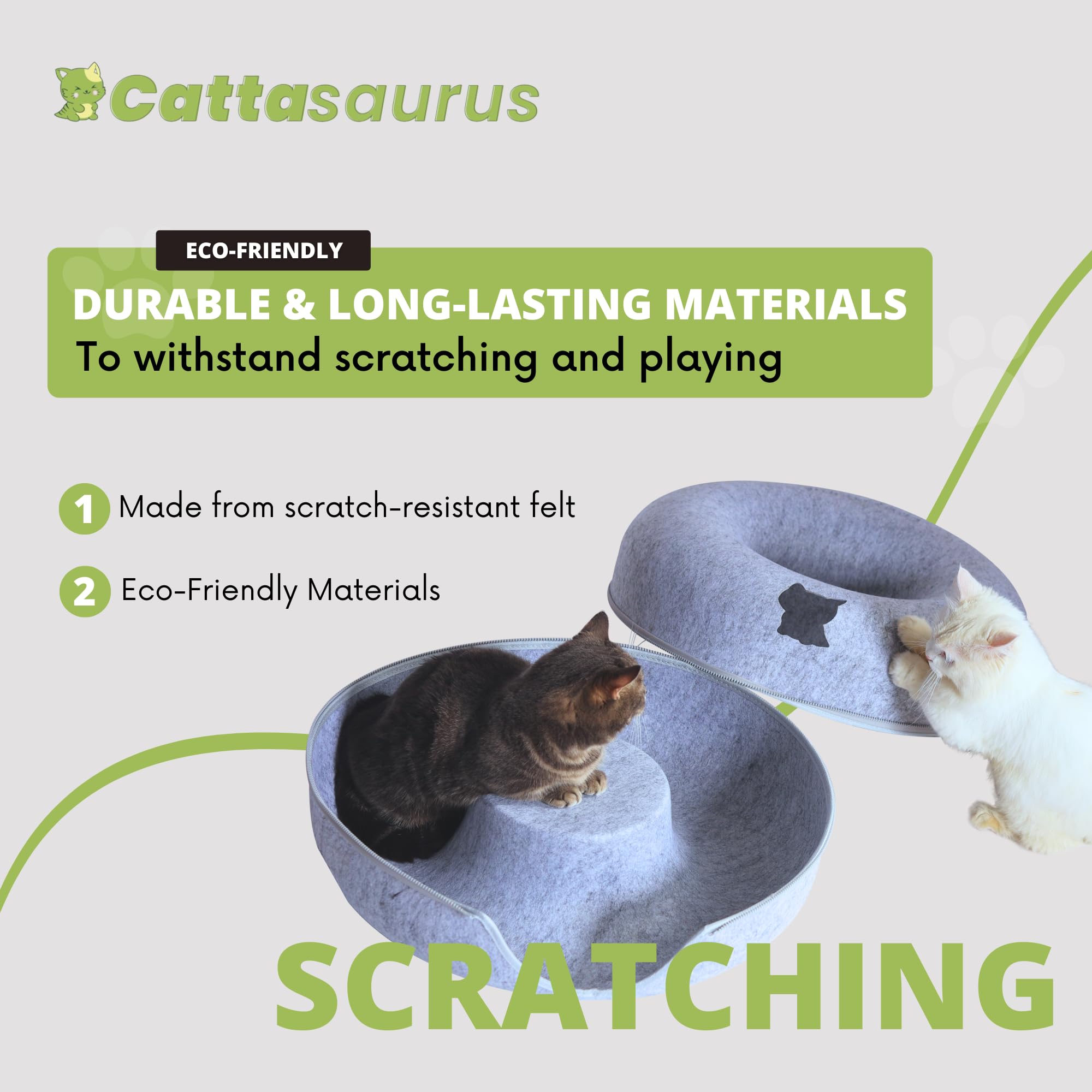 Cattasaurus Peekaboo Fieltro Durable: material resistente que soporta arañazos y juego activo.