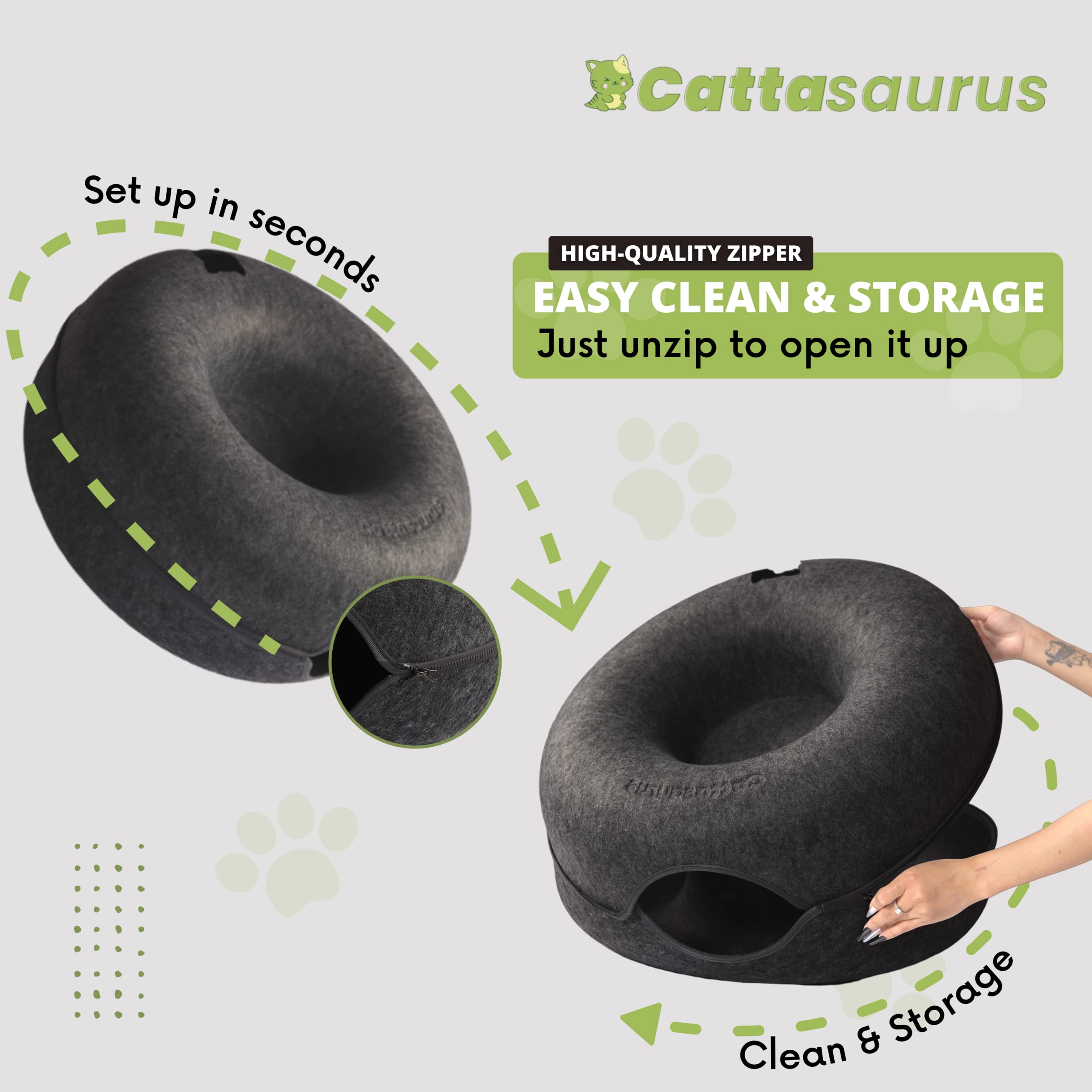 Cattasaurus Peekaboo materiales resistentes, diseño duradero para uso diario.