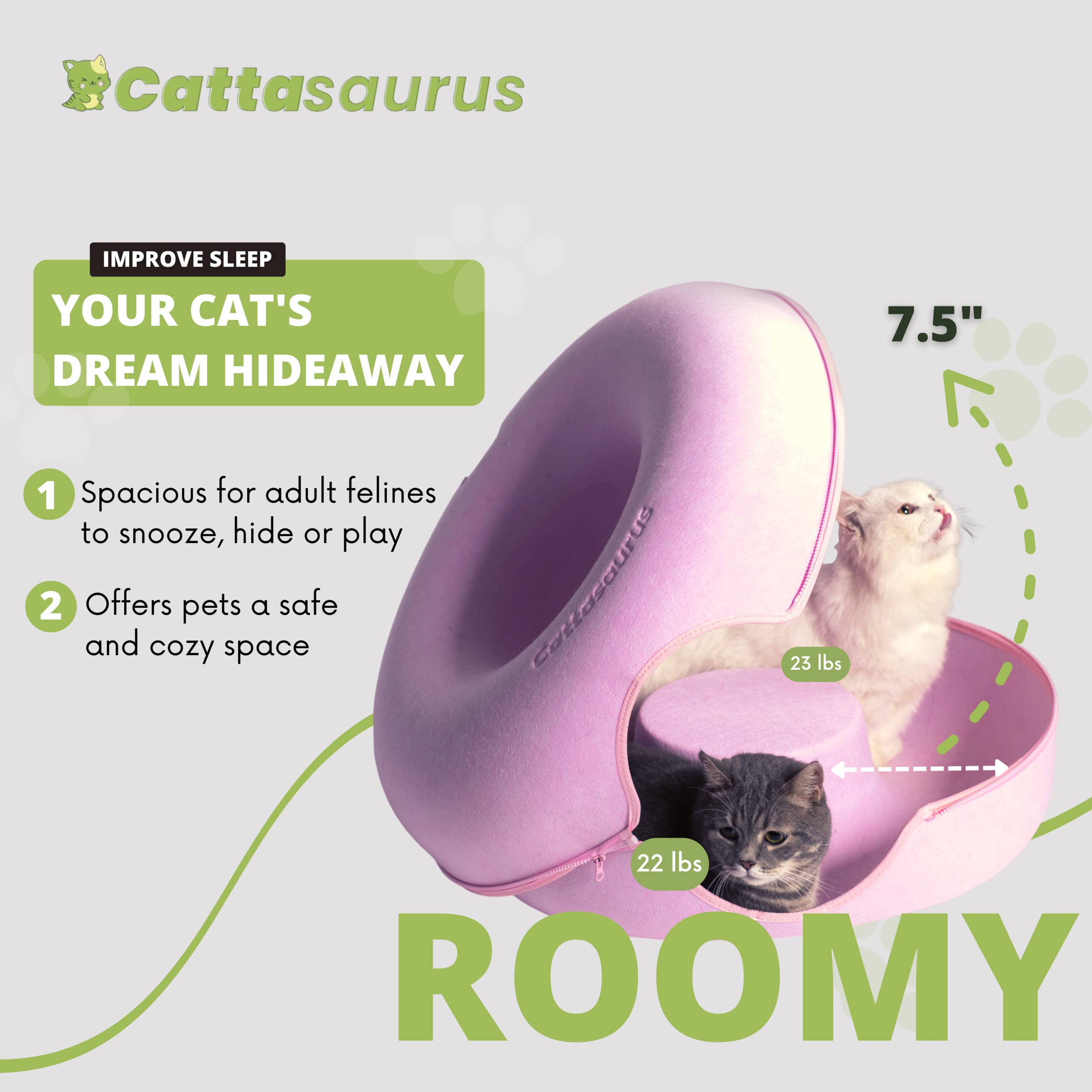 Cattasaurus Peekaboo tunel-cama-gato-rosa, exploración segura y divertida.