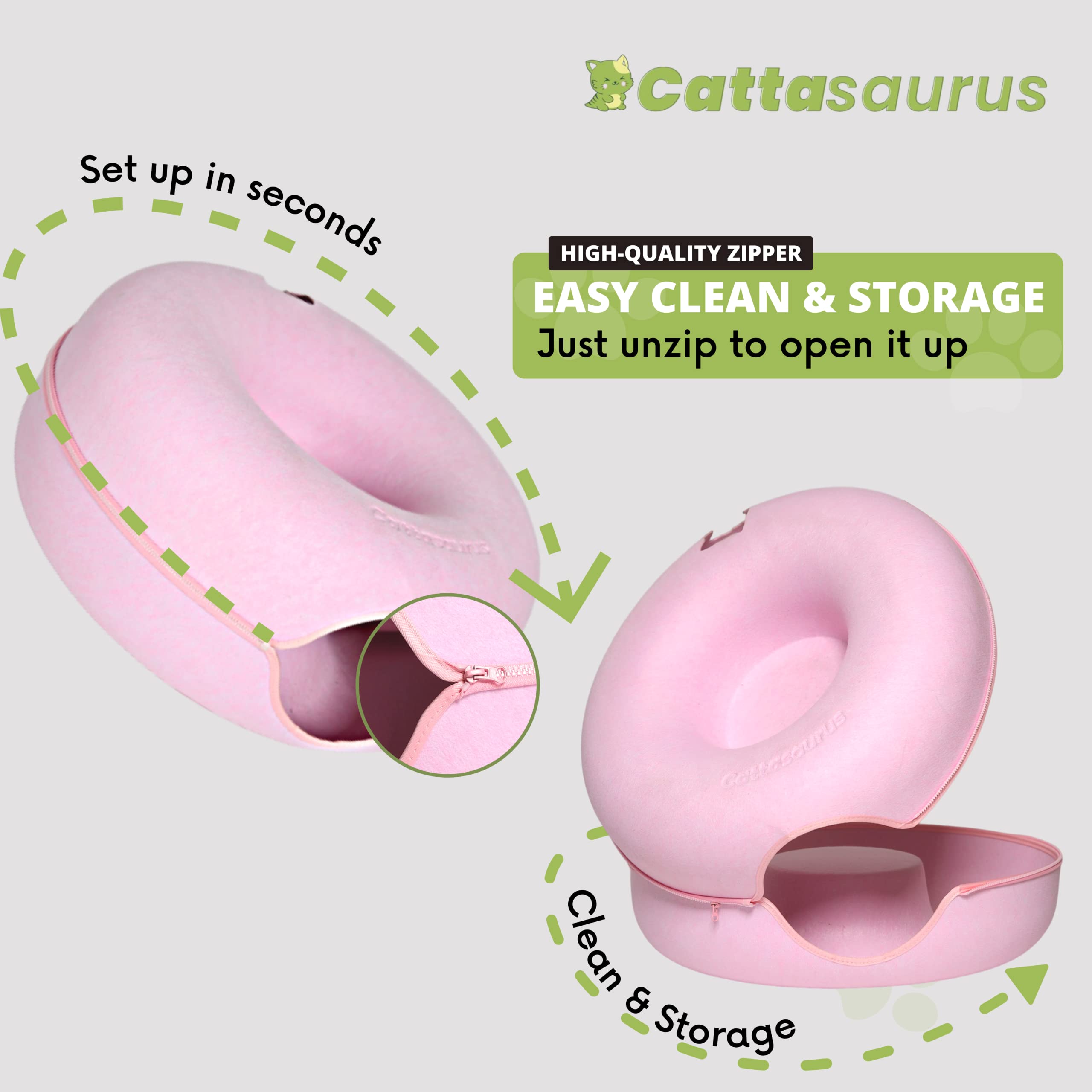 Cattasaurus Peekaboo ventana-interactiva-gato-rosa, fomenta curiosidad sin forzar interacción.