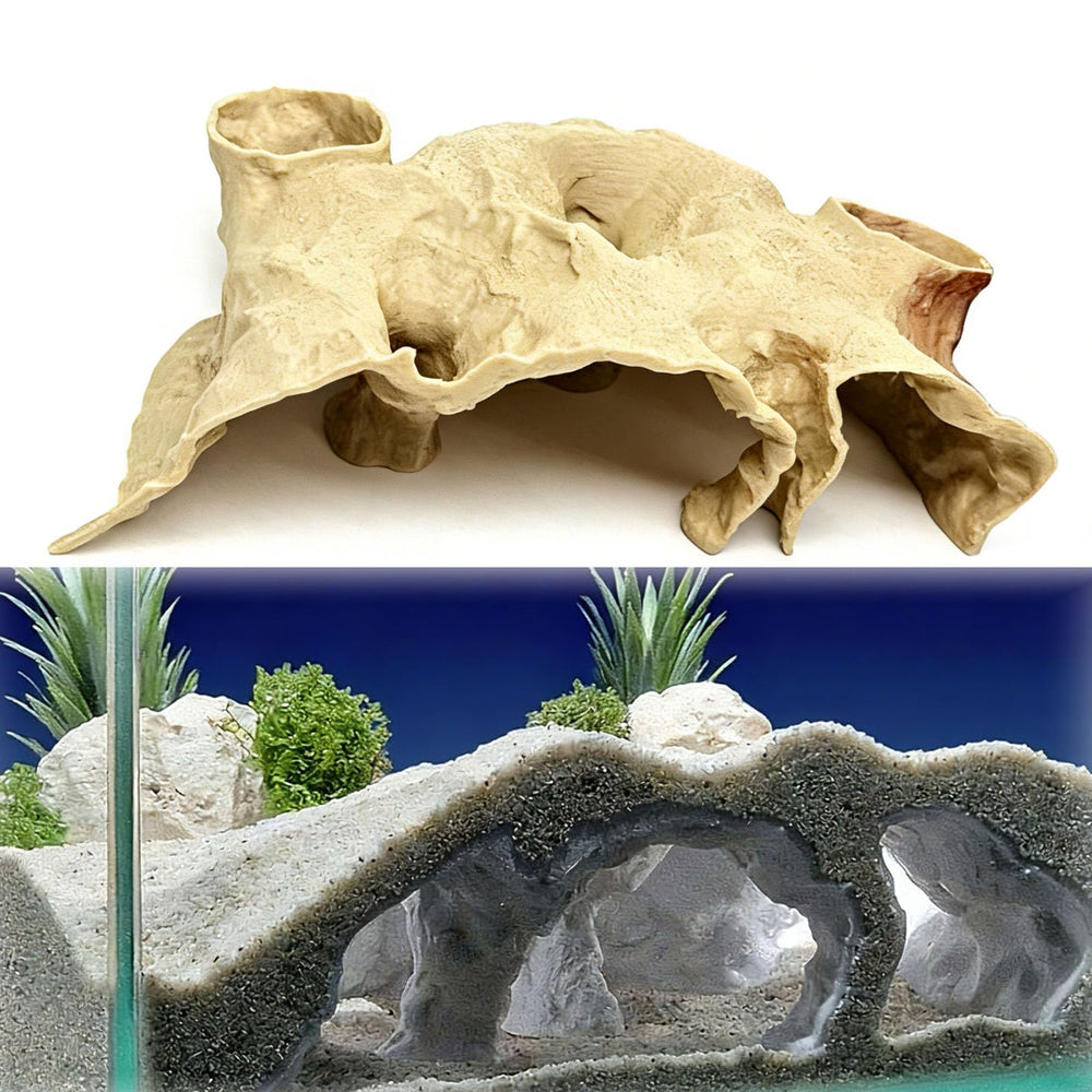 Caverna submarina 3D con entrada doble, refugio seguro para peces tímidos.
