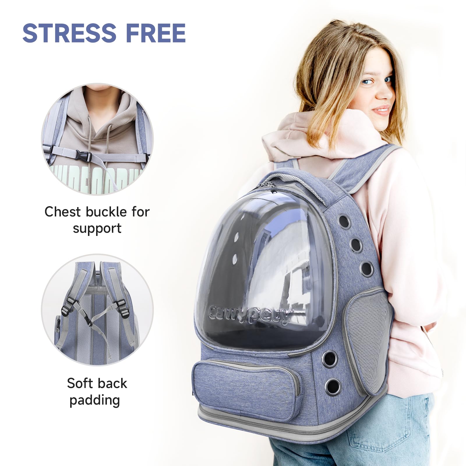 Mochila para gato Cawypety entradas laterales para acceso fácil.