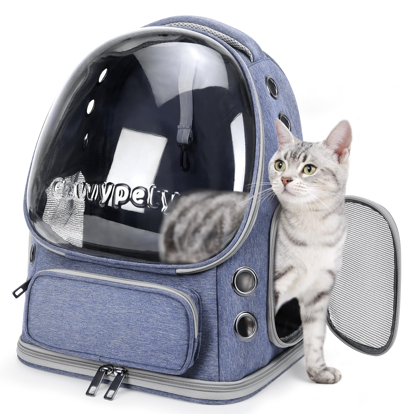 Mochila para gato Cawypety con ventana burbuja ventilada para paseos seguros.