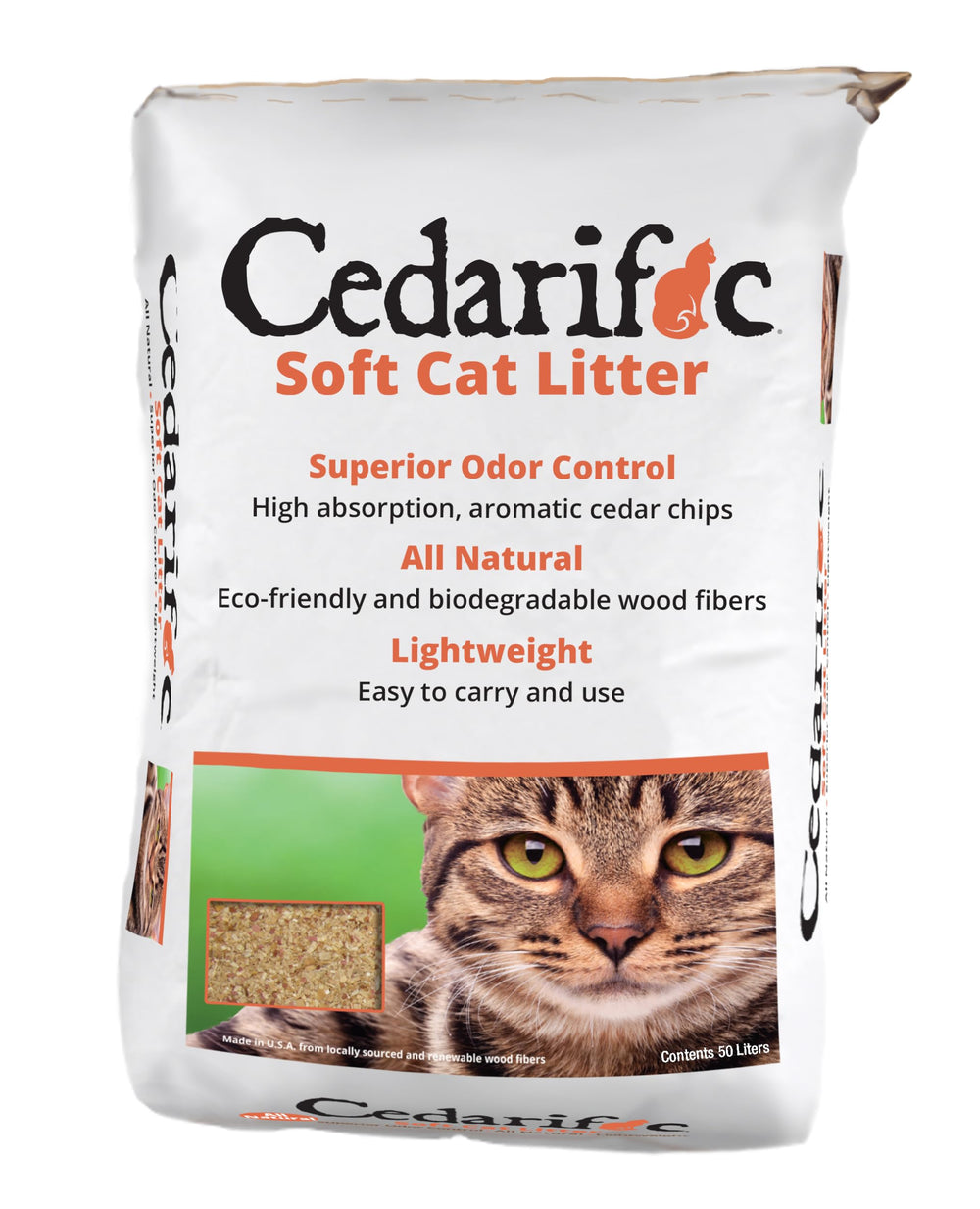Cedarific: arena para gatos con cedro natural en bolsa de 50 litros para uso diario.