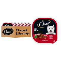 Cesar clasico pan en salsa, bandeja abierta con trozos de res para perros adultos