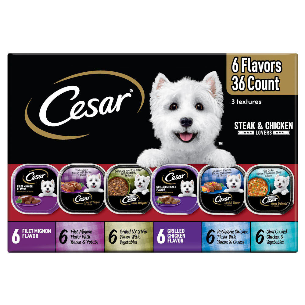 Cesar alimento húmedo para perros, sabor a res con proteína real.
