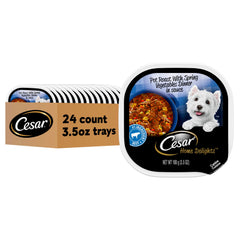 Cesar Home Delights con asado de res y verduras en salsa, porción individual para perro adulto.