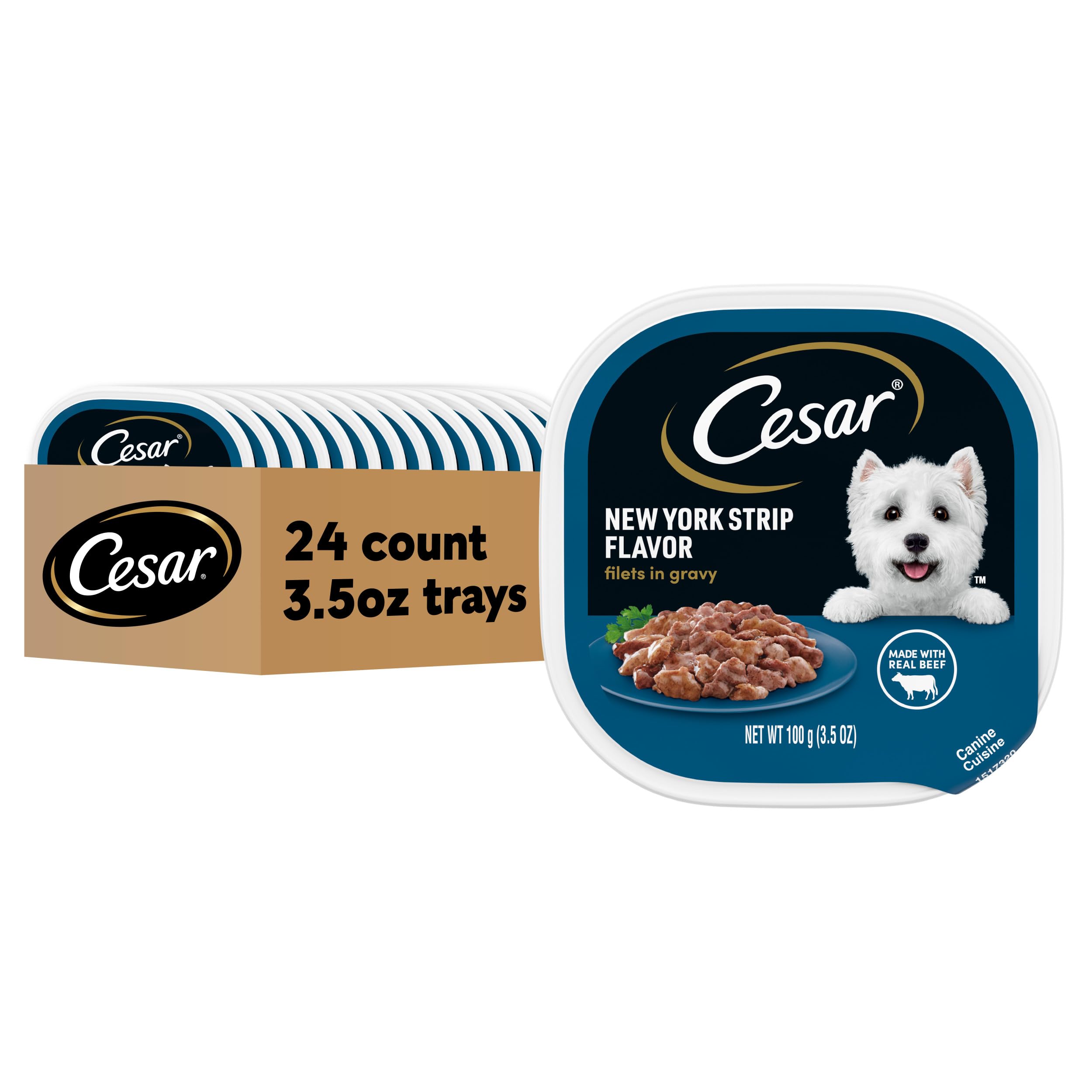 Cesar Filetes en Salsa sabor lomo Nueva York, ideal como comida principal para perros adultos.