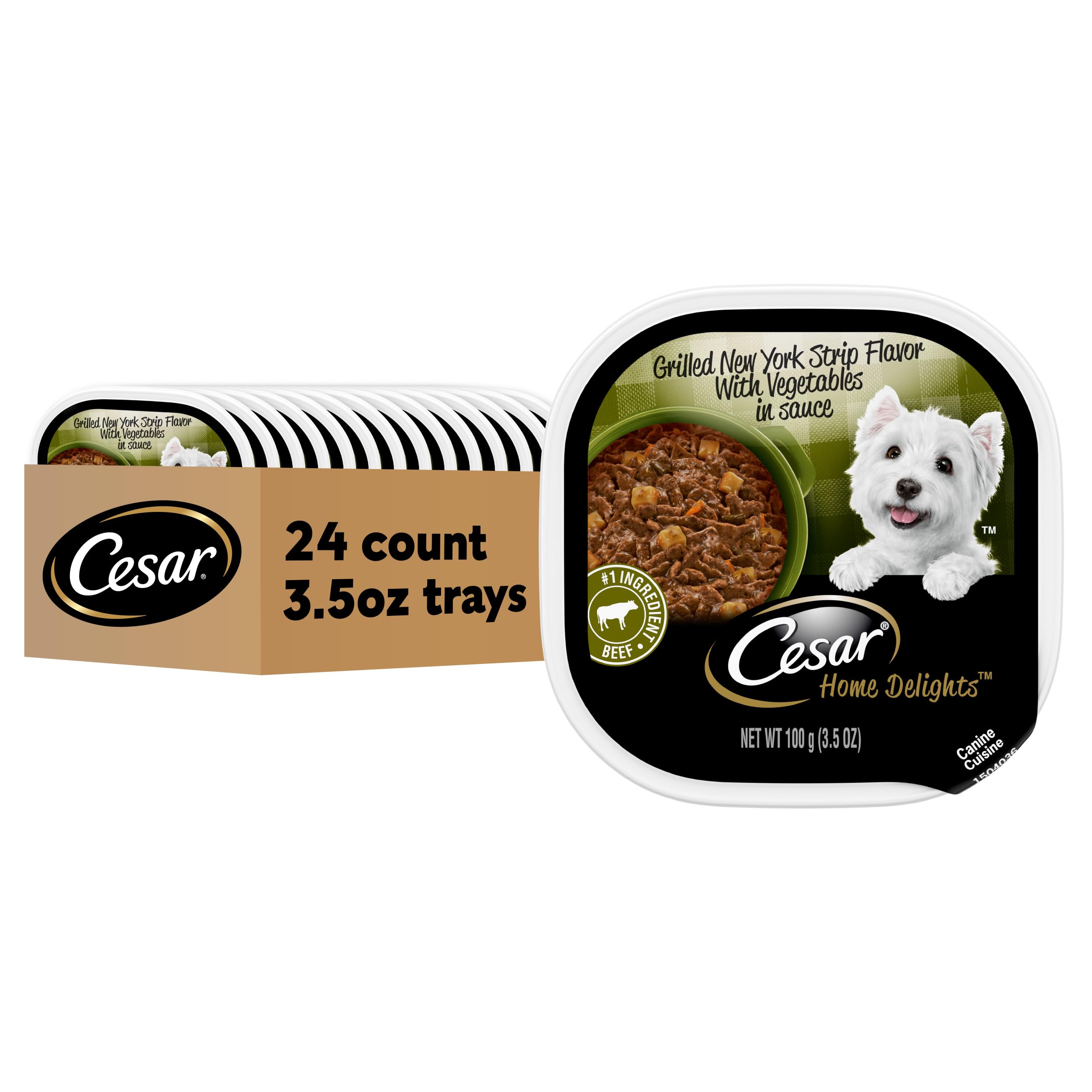 Cesar Home Delights res grillado entrefor Nueva York con verduras en salsa, sabor jugoso para perros.