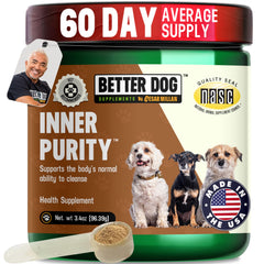 Inner Purity de Cesar Millan en botella, polvo digestivo para perros, apoyo suave de limpieza interna.