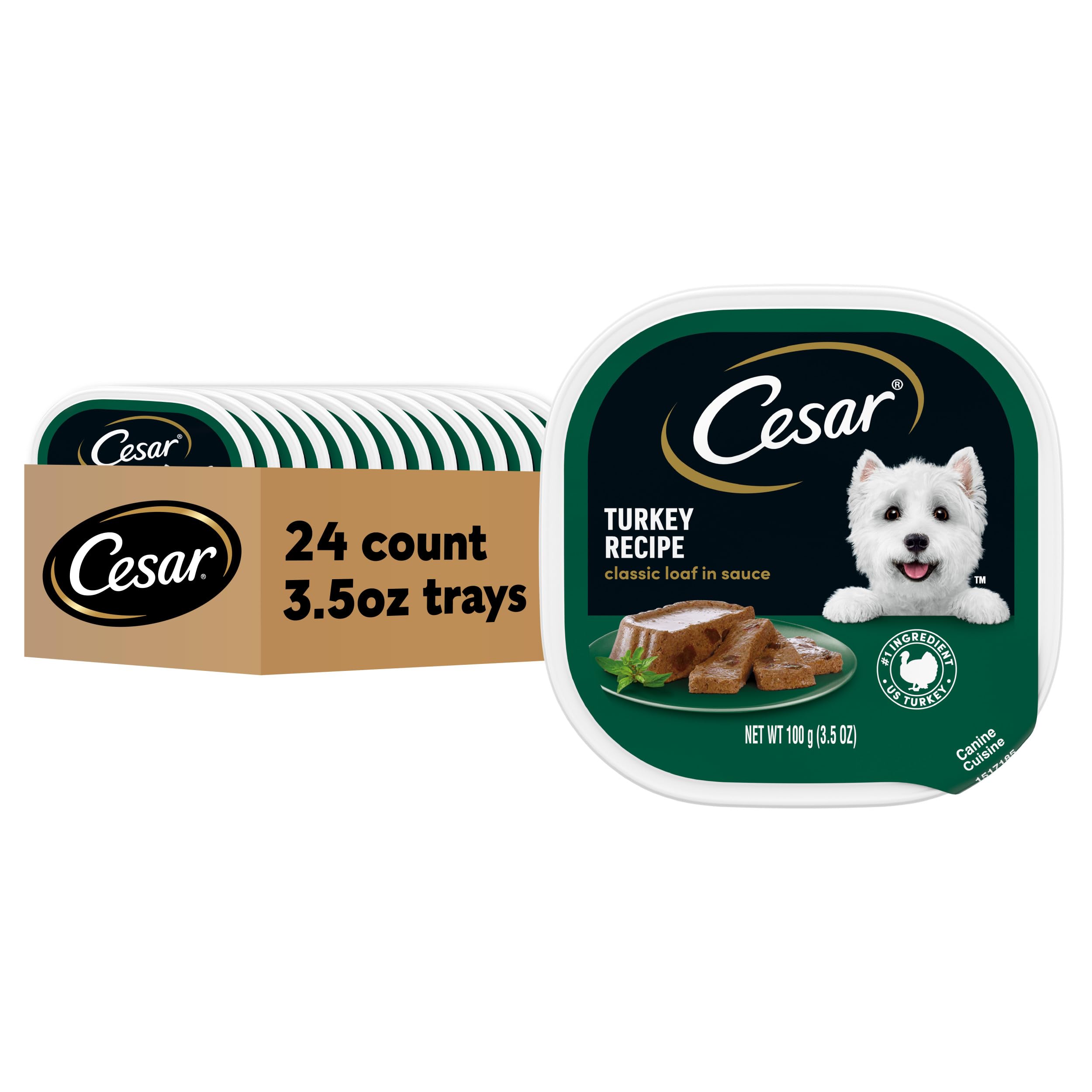 Cesar pastel en salsa para perros, bandeja abriéndose para servir, práctica para dueños ocupados