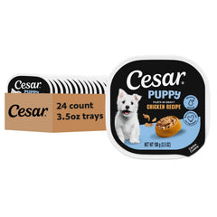 Cesar Puppy Filets en Gravy con pollo, porción de 3.5 oz, ideal para cachorros.