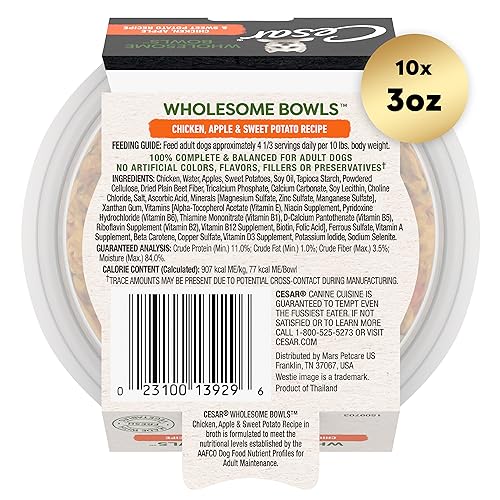 Cesar Wholesome Bowls pollo-manzana-batata, textura suave para digestión fácil.
