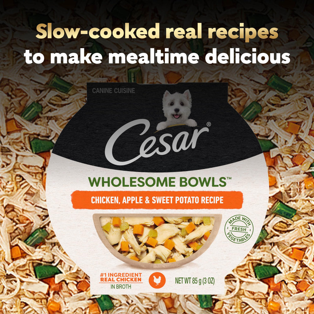 Cesar Wholesome Bowls pollo-manzana-batata, nutrientes añadidos para apoyar la vitalidad.