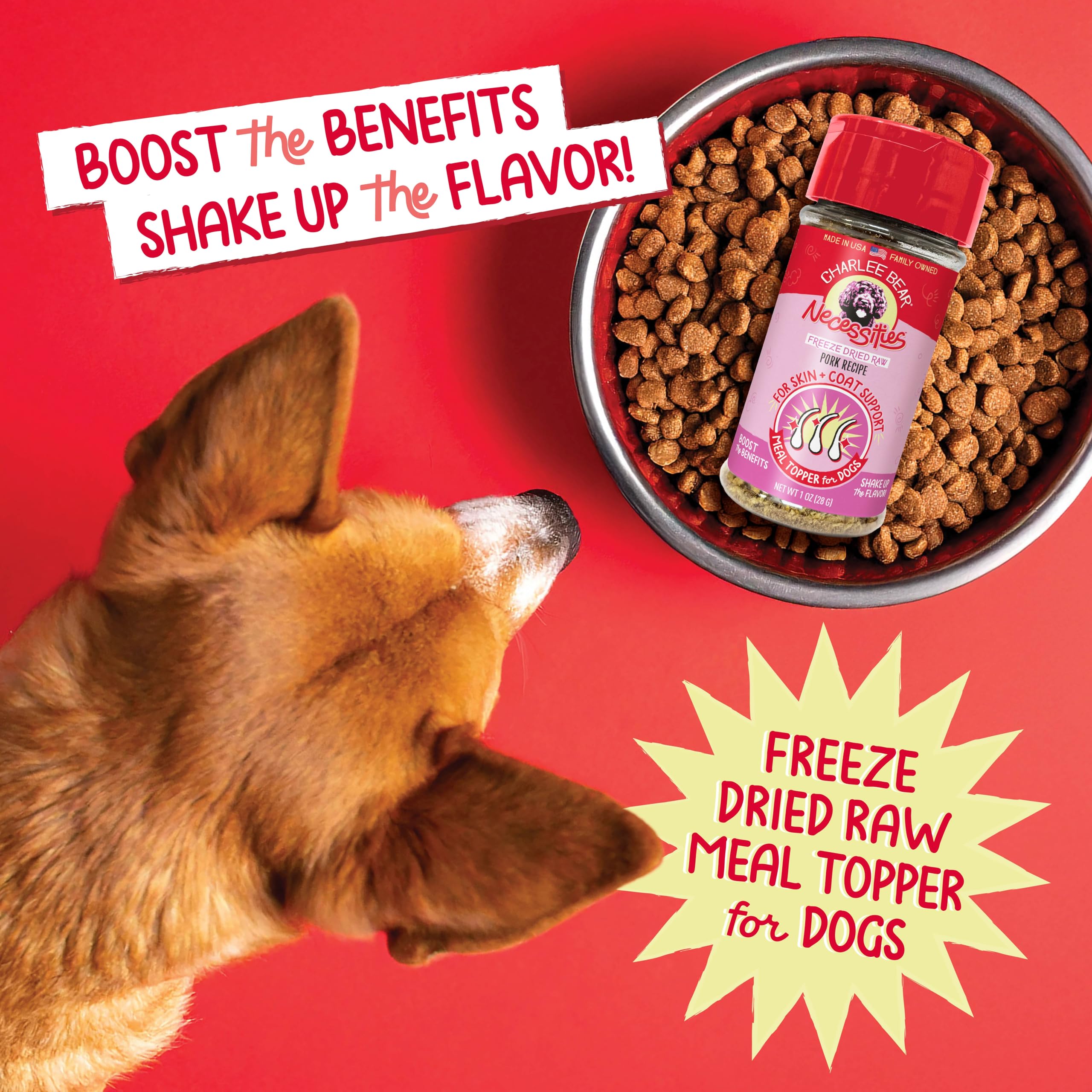 Charlee Bear Necessities complemento cerdo-crudo, fácil de dosificar para la comida diaria.