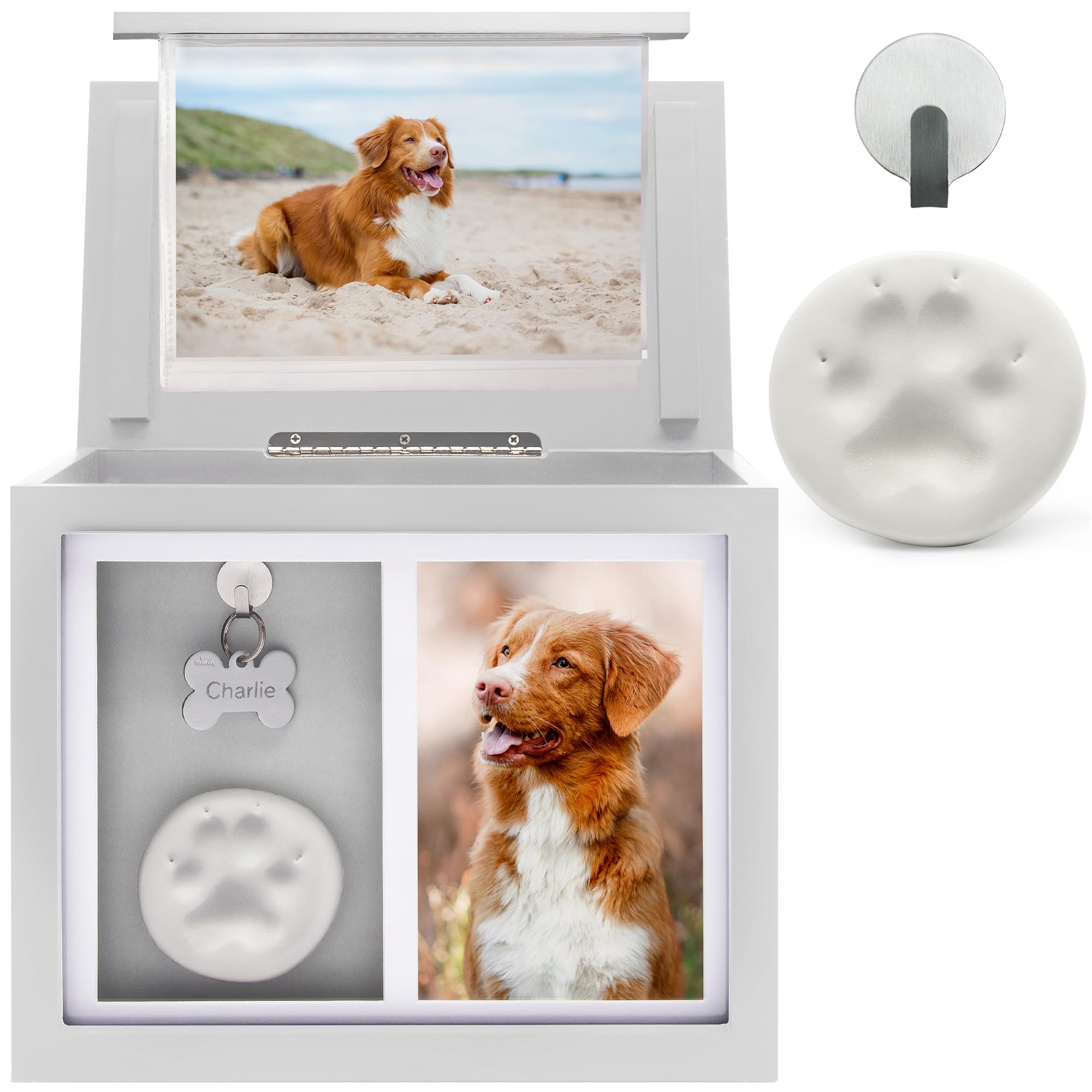 Chasing Tails urna para perro blanca, vista frontal, homenaje elegante.