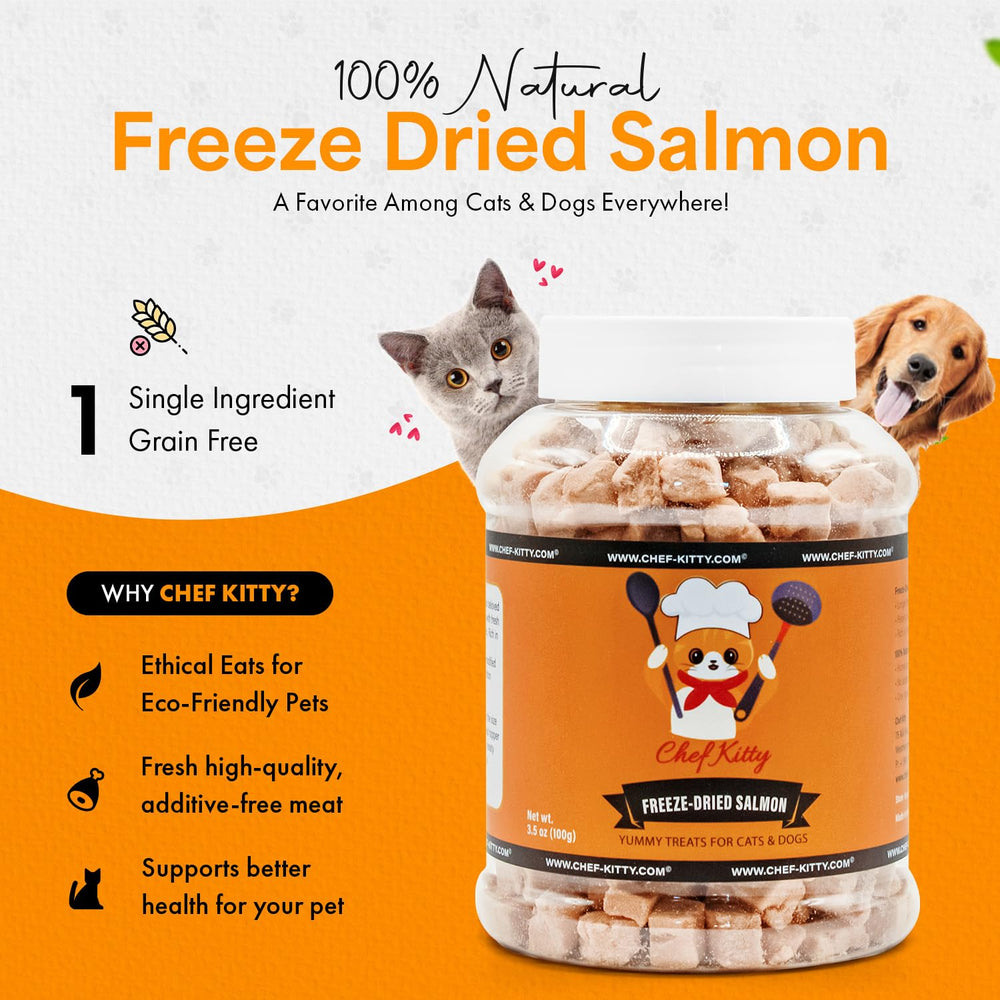 Chef Kitty acercamiento de salmón liofilizado, sabor intenso para perros y gatos.