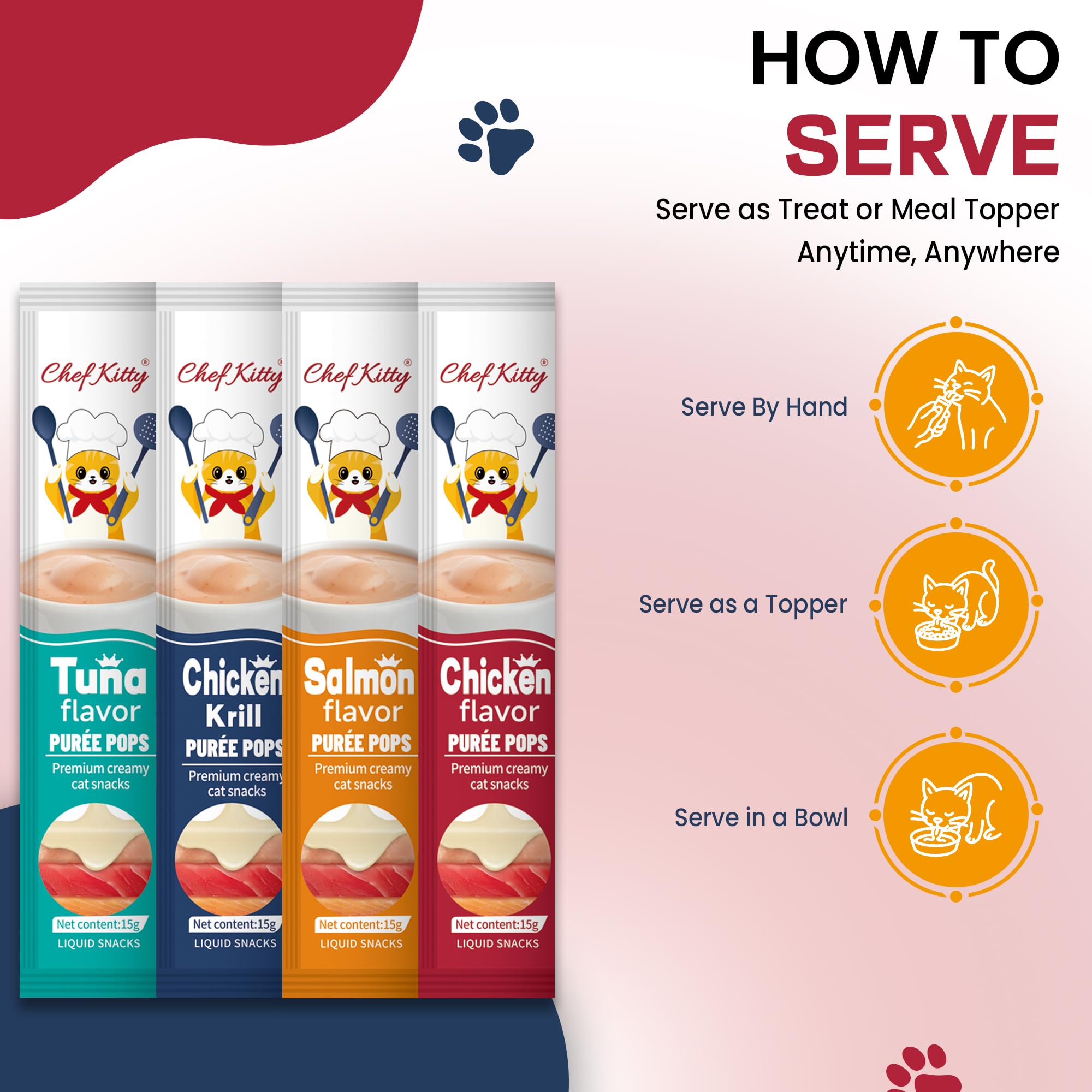 Aderezos para comida de gatos Chef Kitty, realzan sabor sin ensuciar.
