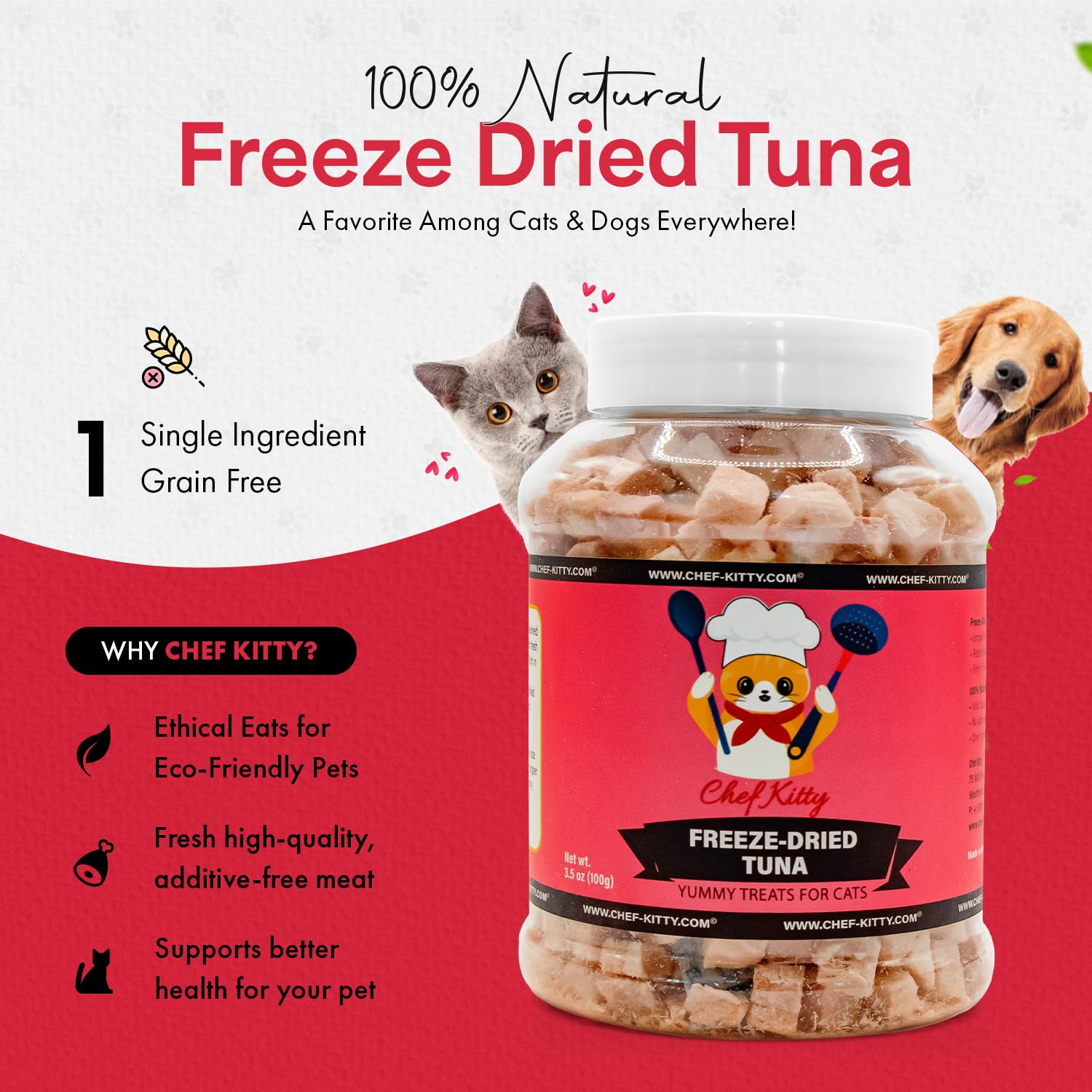 Chef Kitty atún para perros liofilizado, snack alto en proteína para perros.