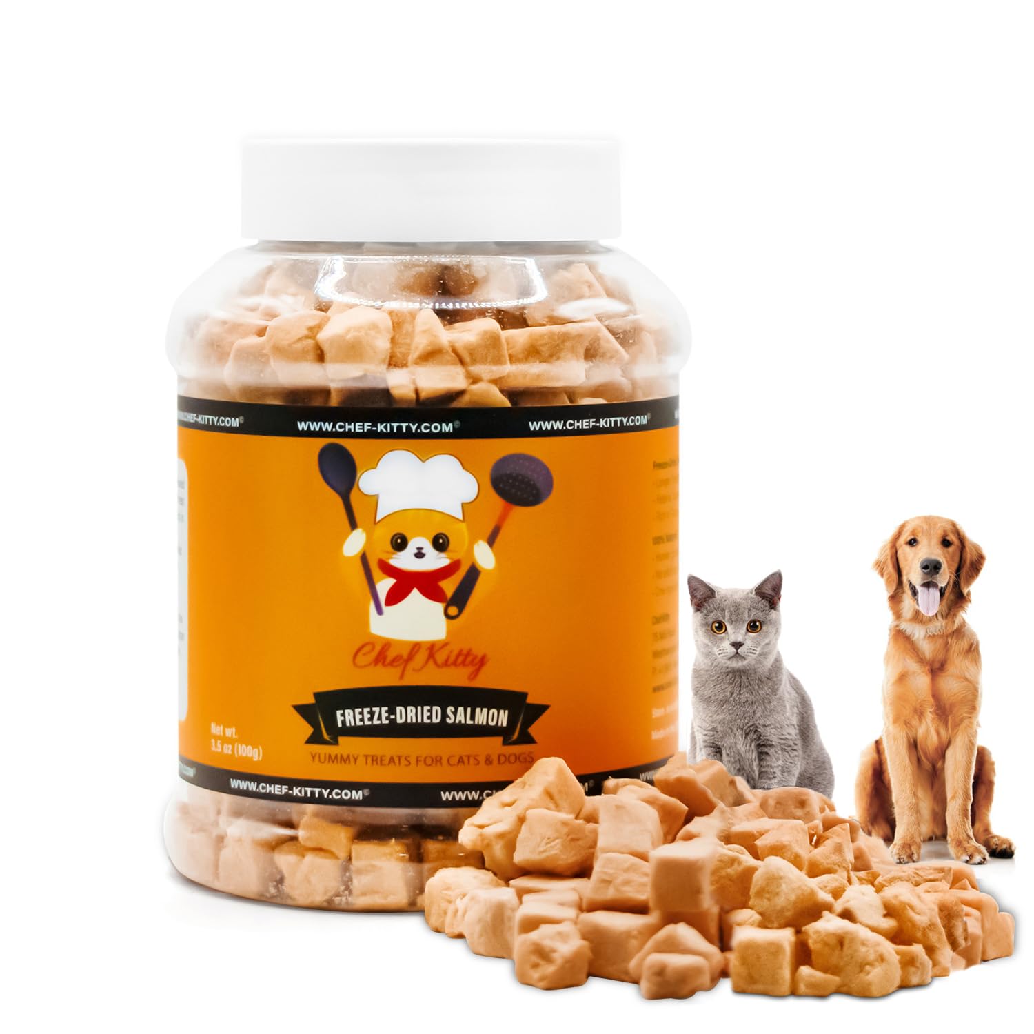 Chef Kitty empaquetado de salmón, snack premium para mascotas.