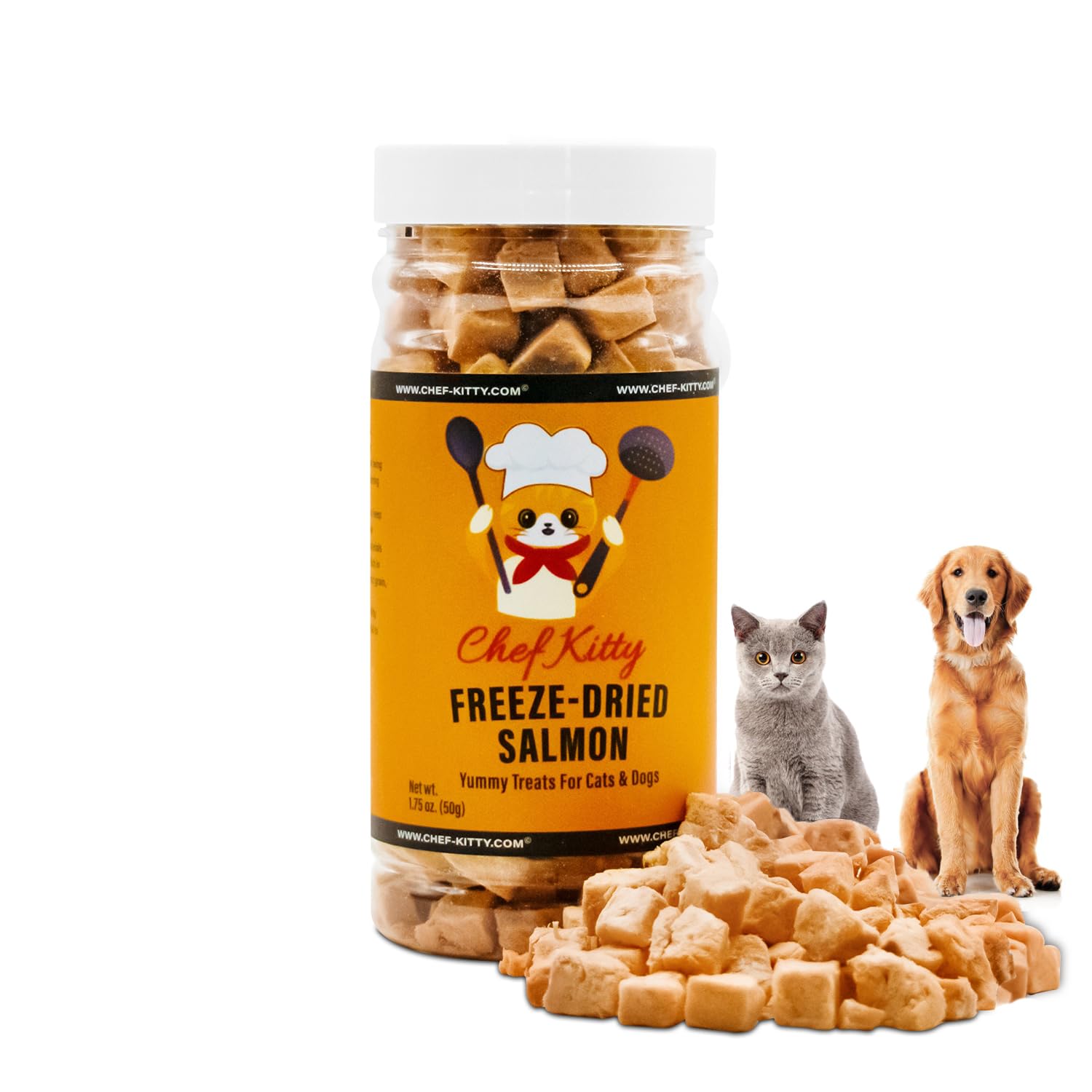 Chef Kitty paquets saumon seche: friandise naturelle riche en protéines pour chats.