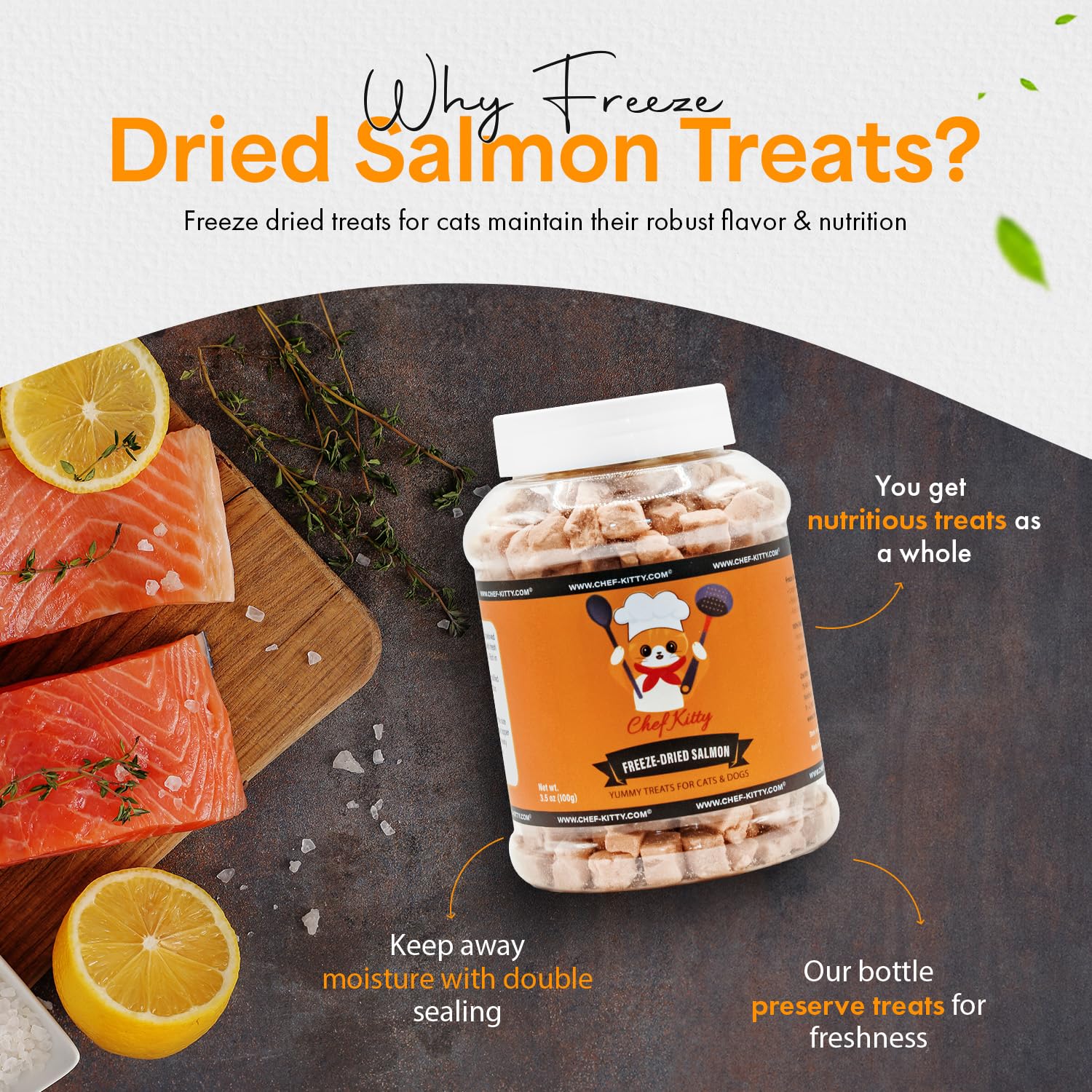Chef Kitty trozos decorativos de salmón para la comida, realzan el sabor.
