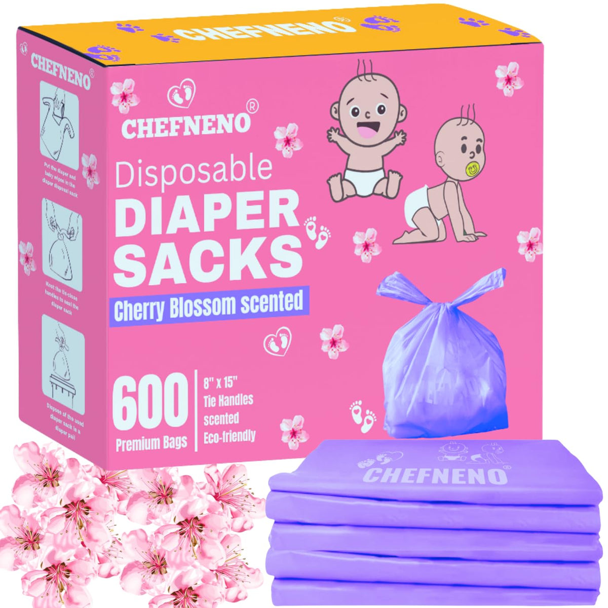 Bolsas desechables CHEFNENO para pañales con aroma ligero de cerezo que reducen olores.