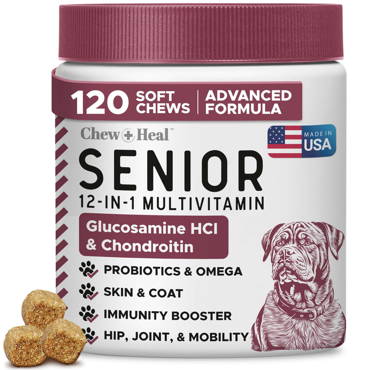 Frasco de Chew + Heal Labs 12 en 1 para perros senior, masticables para articulaciones.