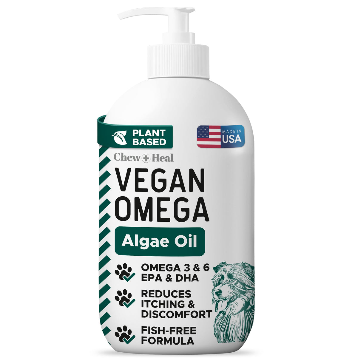 Chew + Heal Labs Aceite Omega 3 vegano para perros en botella de 8 oz, piel saludable.
