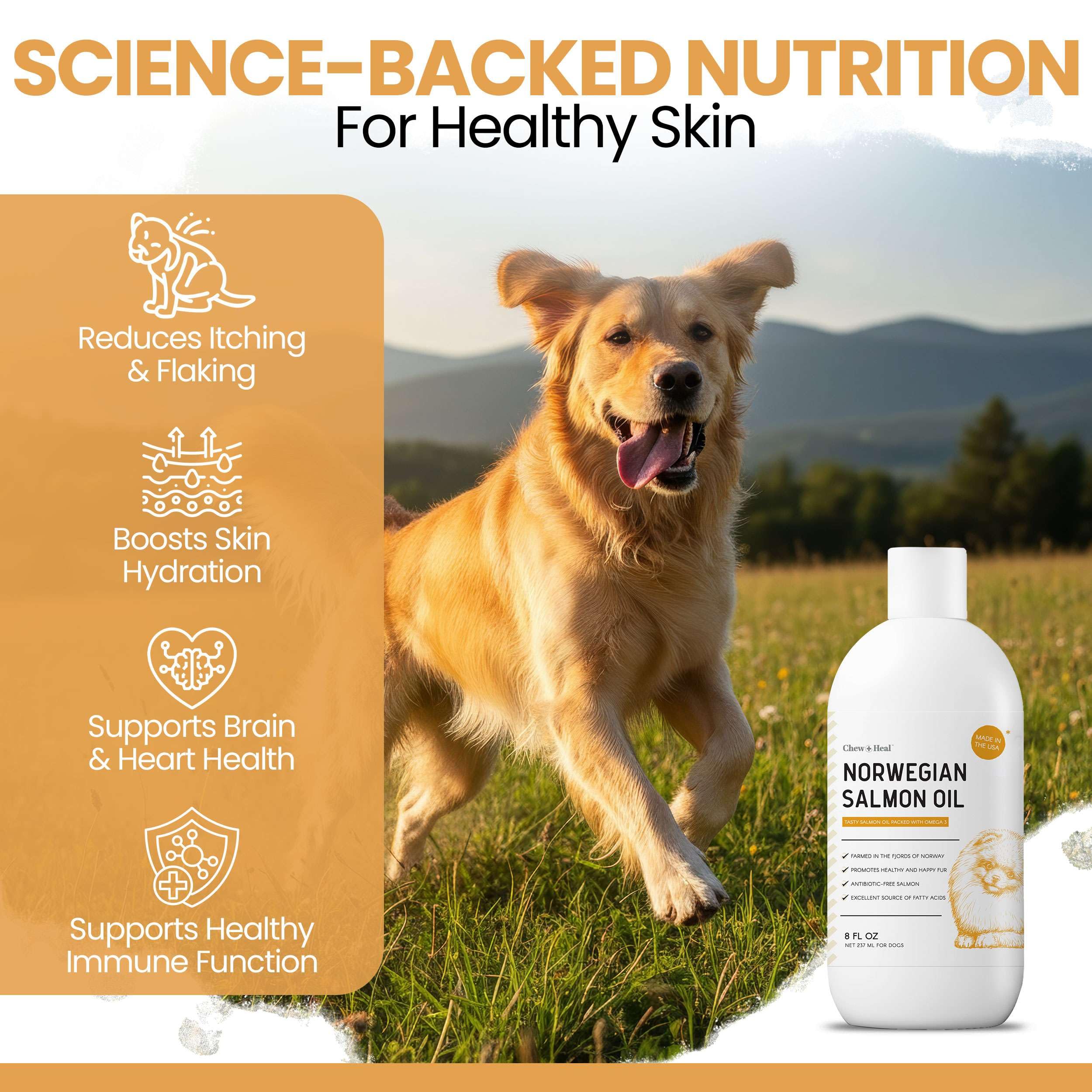 Chew + Heal Labs Aceite de Salmón, pelaje suave y piel equilibrada.