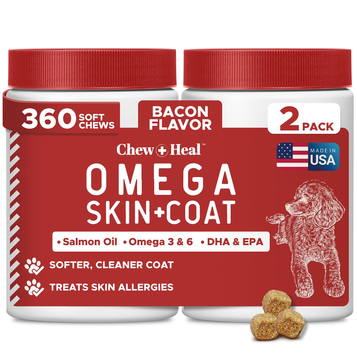 Chew + Heal Labs bocaditos omega, piel y pelaje saludables para perros.