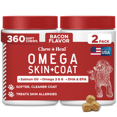 Chew + Heal Labs bocaditos omega, piel y pelaje saludables para perros.