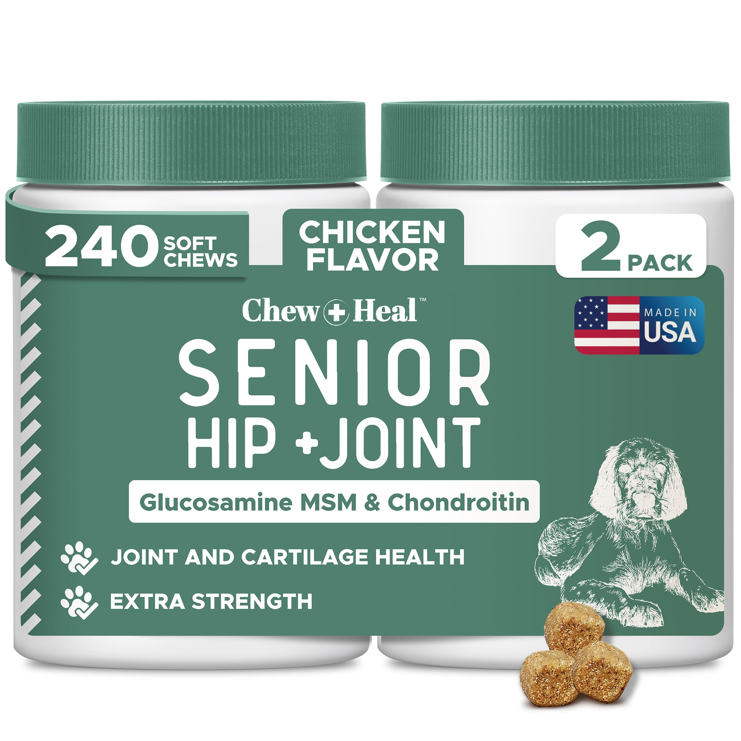 Chew + Heal Labs glucosamina para perros; masticables que mejoran la movilidad articular
