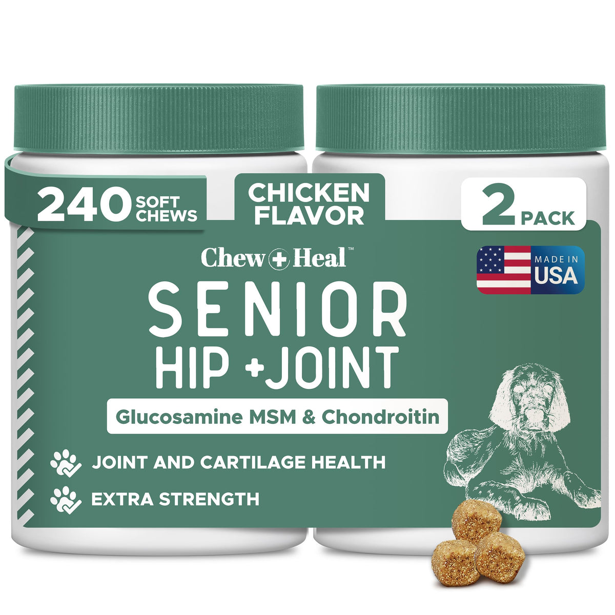 Chew + Heal Labs glucosamina para perros; masticables que mejoran la movilidad articular