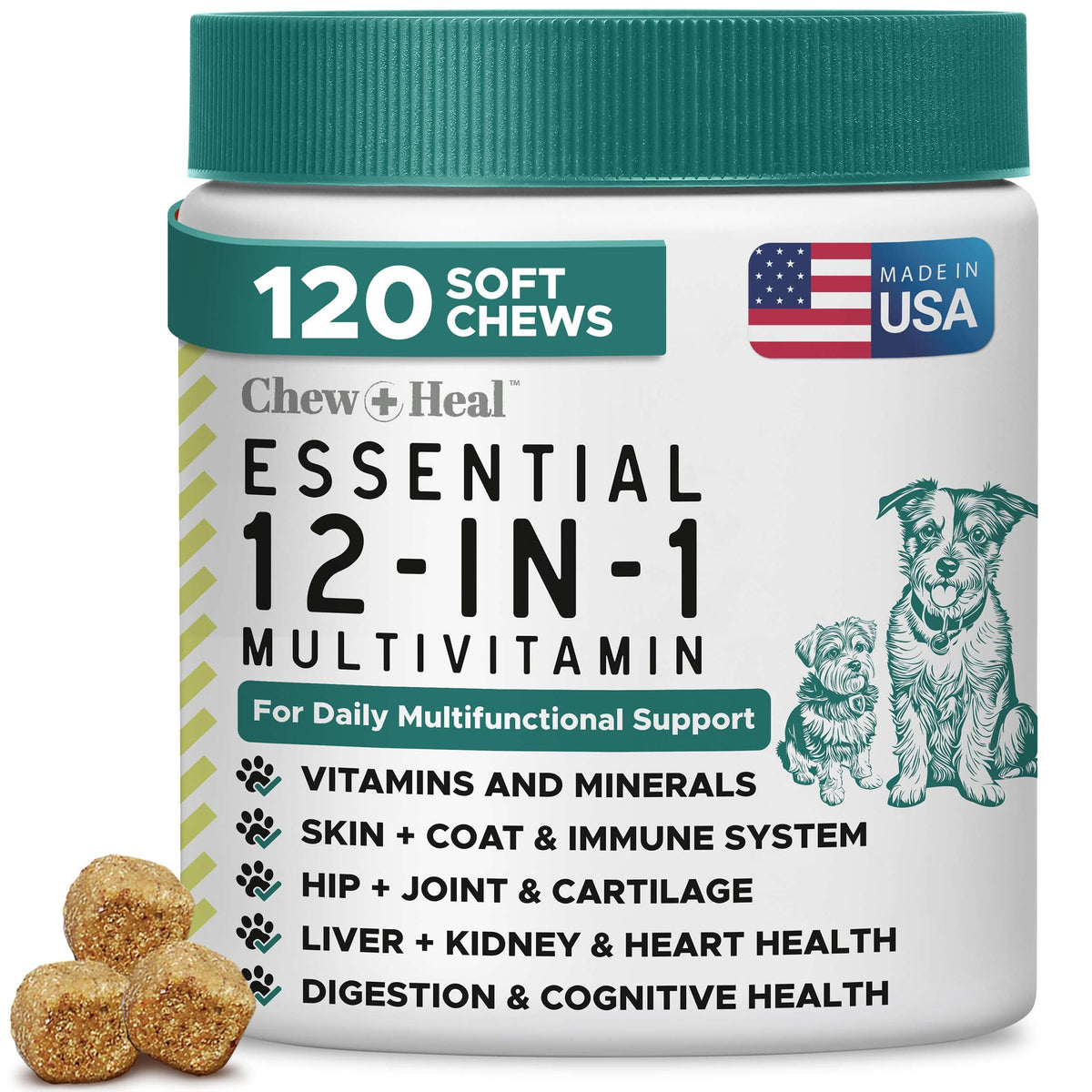Chew + Heal Labs masticables suaves para perros en plato, apoyo diario de bienestar.