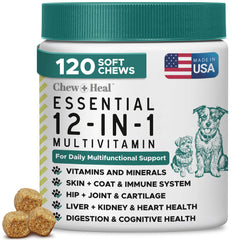 Chew + Heal Labs masticables suaves para perros en plato, apoyo diario de bienestar.