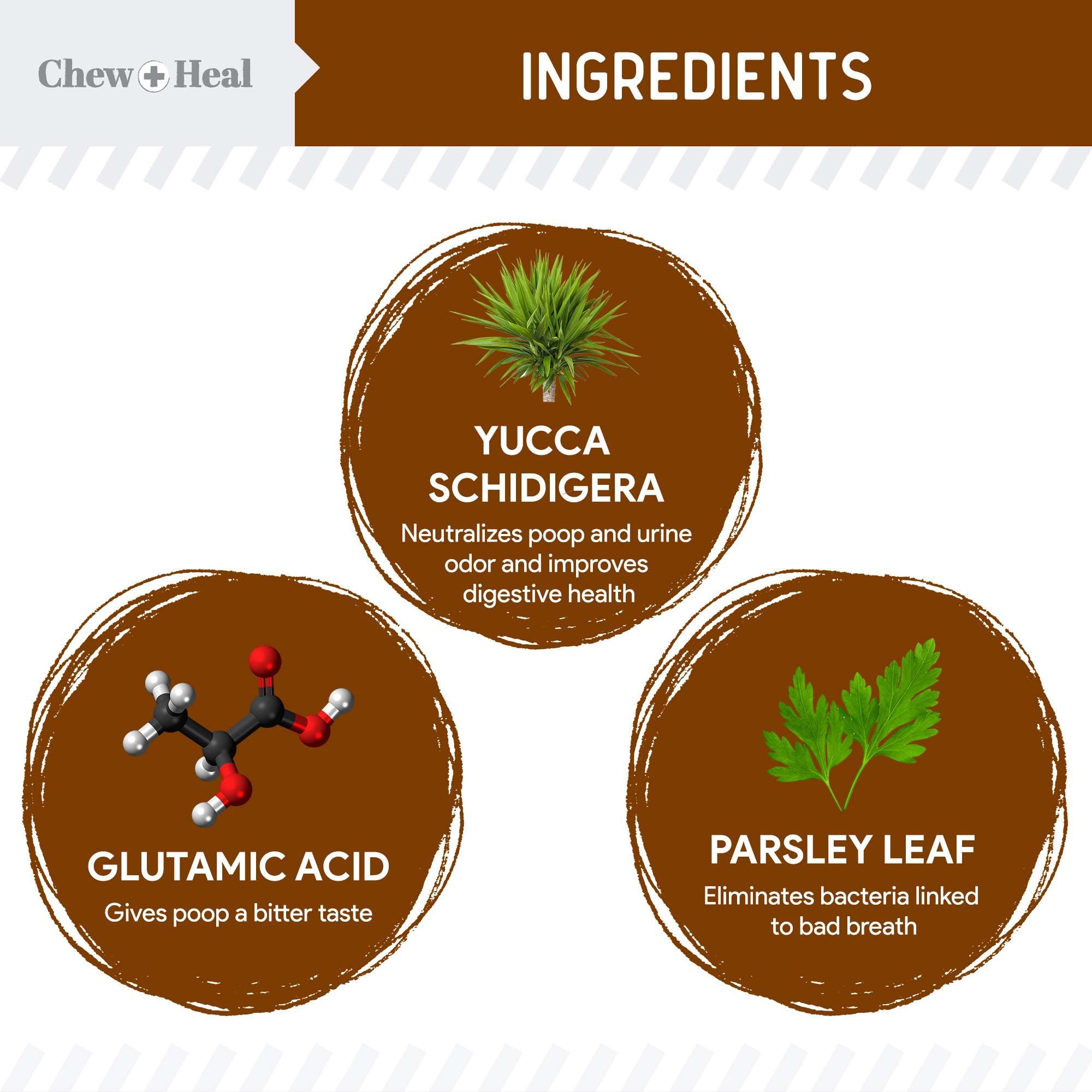 Chew + Heal Labs No Poo Chews, textura suave, fácil de masticar para perros.