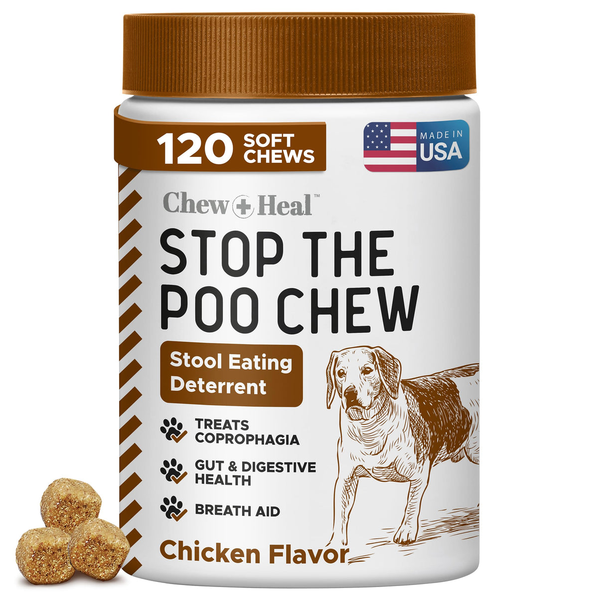 Chew + Heal Labs No Poo Chews en empaque, sabor pollo, para premiar y apoyar la digestión.
