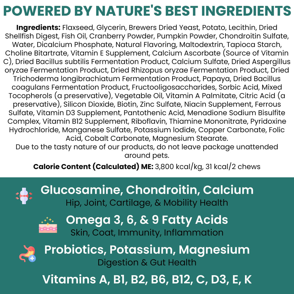Chew + Heal Labs omega-3 para pelaje brillante y piel saludable.