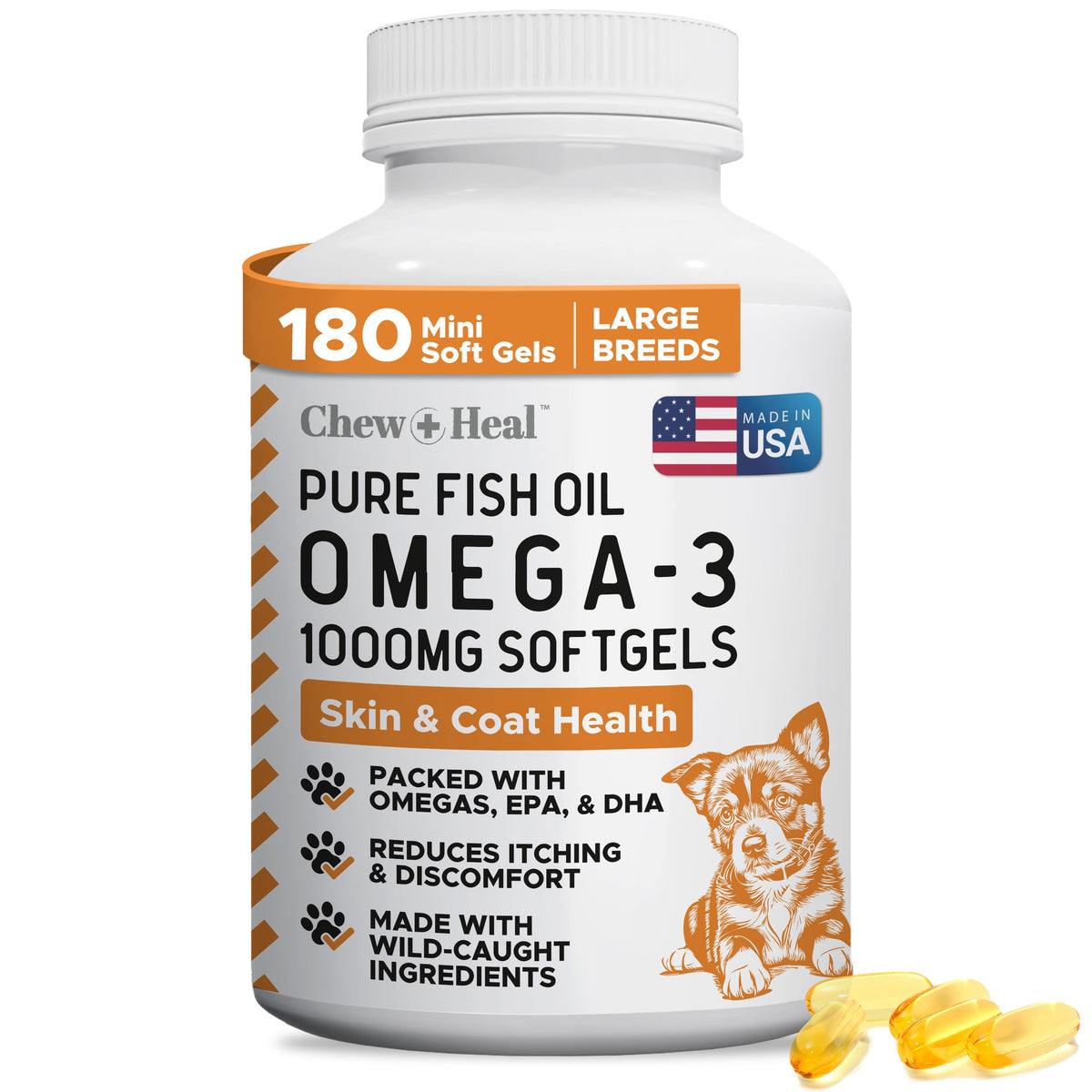 Chew + Heal Labs omega-3 para perros, botella de 180 cápsulas blandas para piel y pelaje.