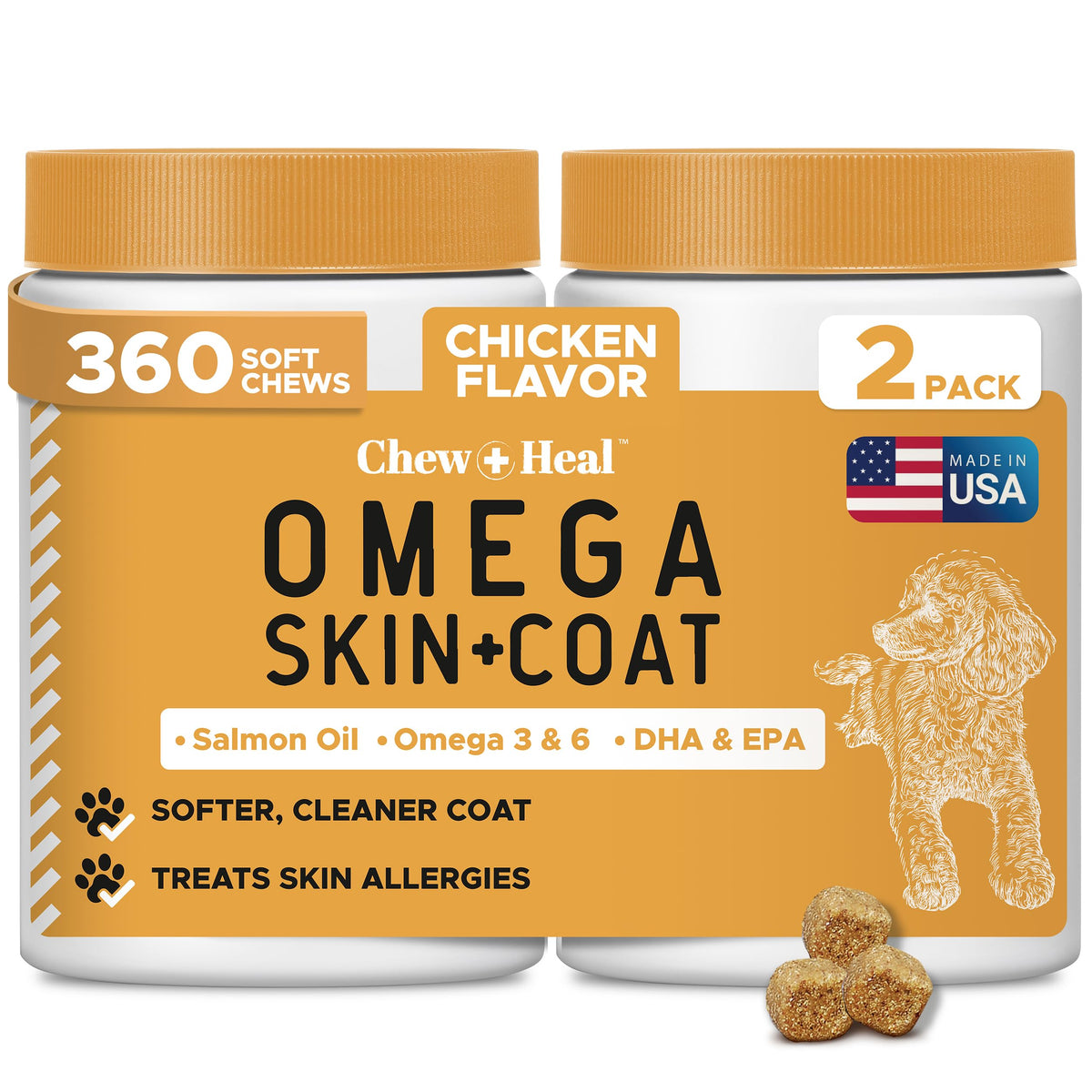 Chew + Heal Labs Omega-3 para perros, masticables suaves en botella, apoyo a la piel.