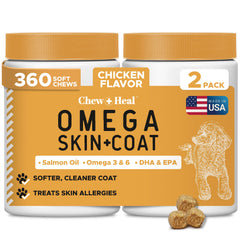 Chew + Heal Labs Omega-3 para perros, masticables suaves en botella, apoyo a la piel.