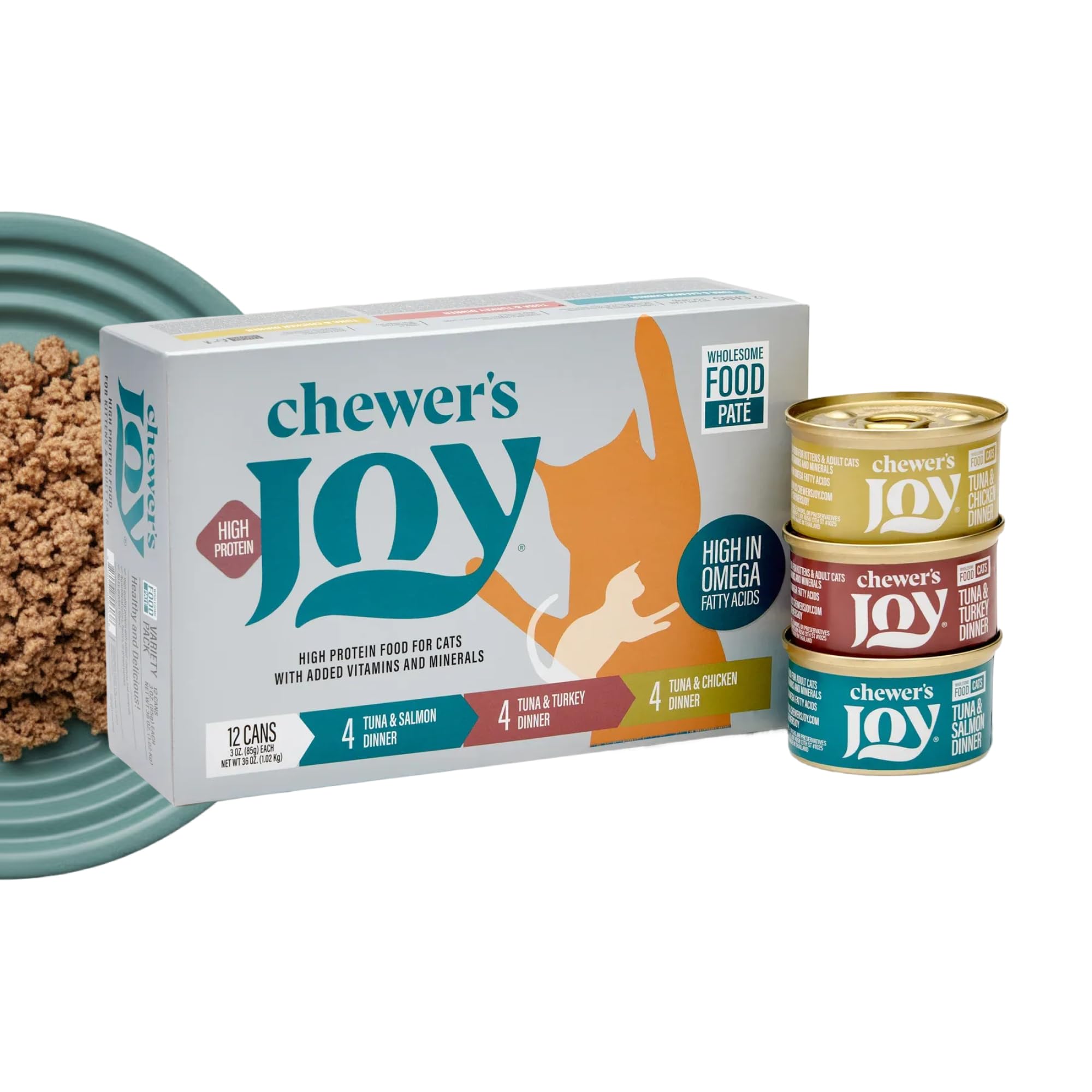 Chewer's Joy lata paté tuna-salmon, ideal para gatos que buscan sabor y proteína.