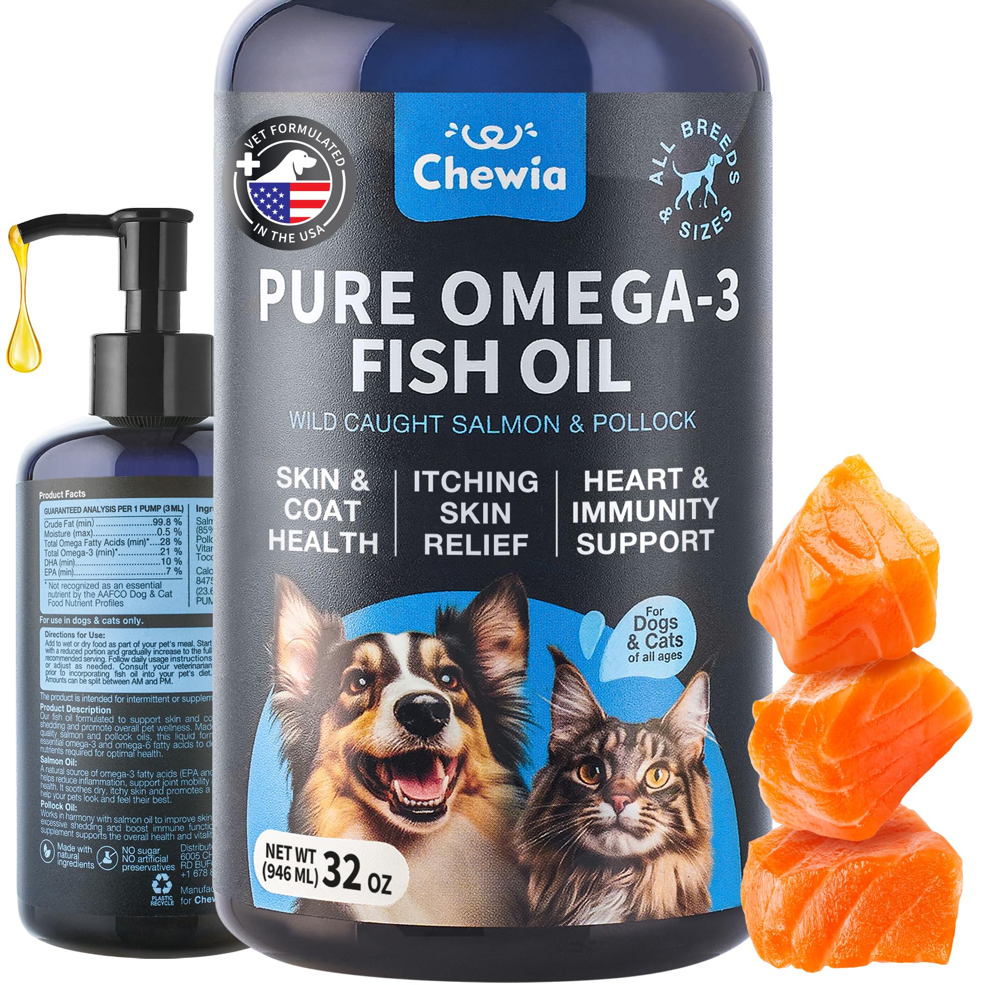 CHEWIA Aceite de Pescado en botella para perros y gatos, mejora la piel.