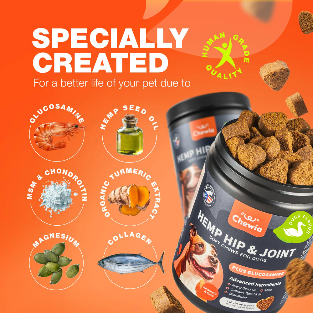 CHEWIA Glucosamina para perros, pelaje brillante, piel saludable y bienestar articular.