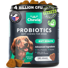 CHEWIA Probióticos para perros, bote de masticables para apoyo digestivo suave.